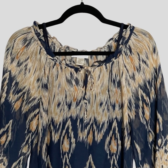 🌺 Kenar Boho Ikat Navy Tie Neck Lightweight Blouse Size XS - Picture 3 of 10